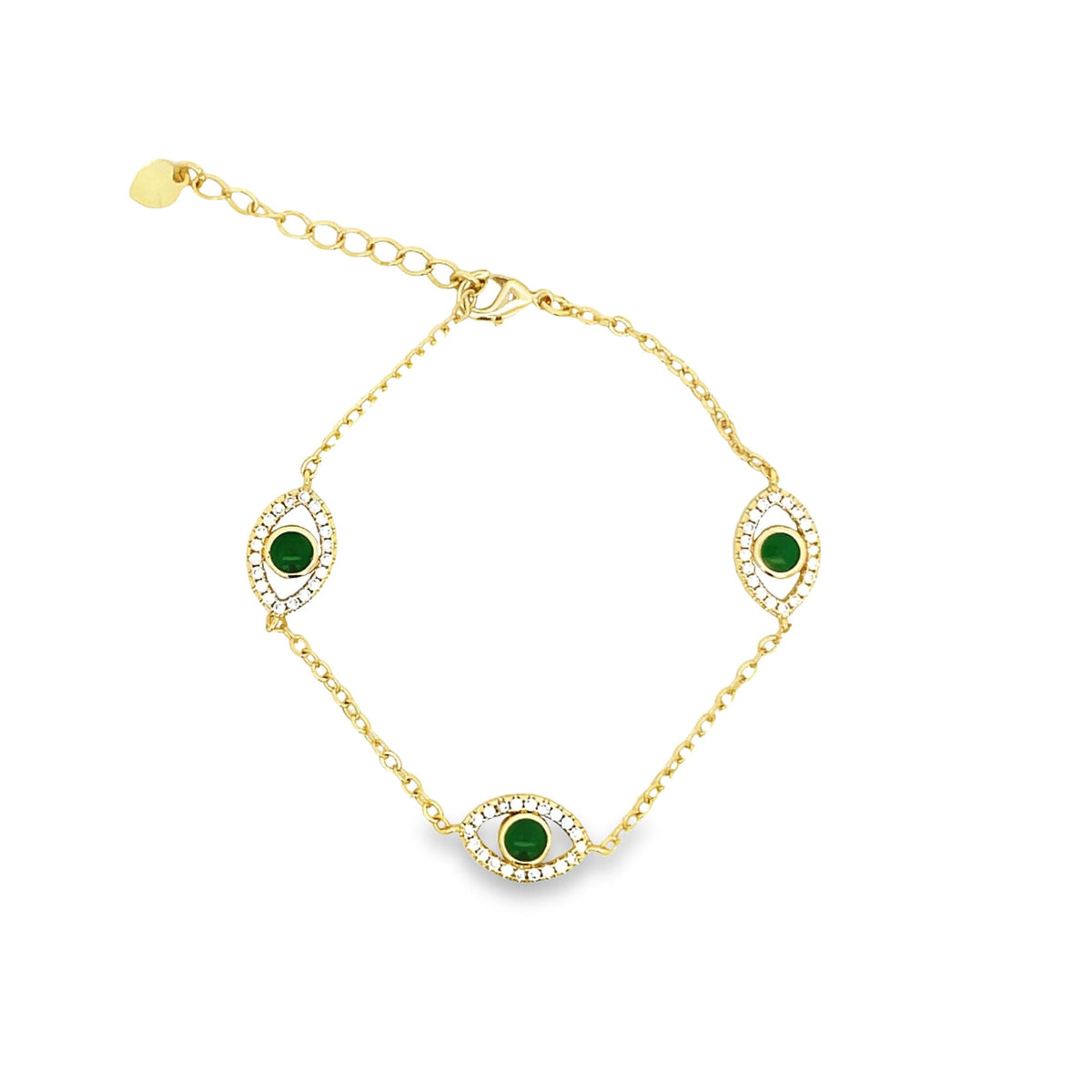 A delicate gold evil eye bracelet features three green gemstone charms outlined with sparkling cubic zirconia crystals.