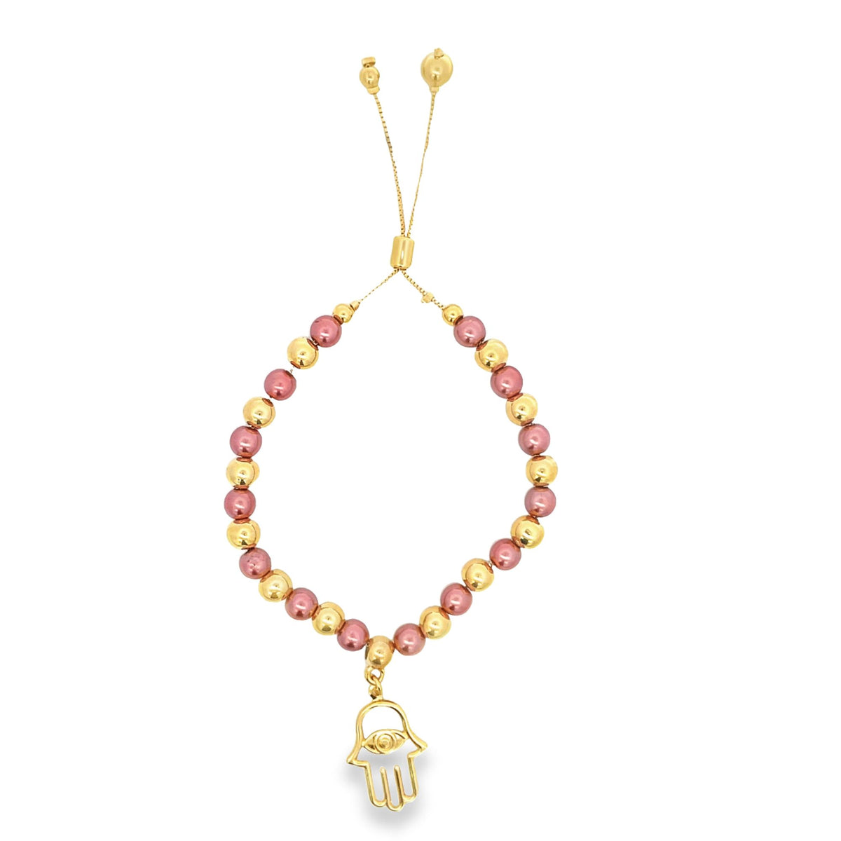 A gold adjustable beaded bracelet features alternating pink and gold metallic spheres and a hanging Hamsa hand charm.
