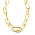 A shiny gold paperclip chain necklace features a prominent rectangular clasp centered at the bottom.