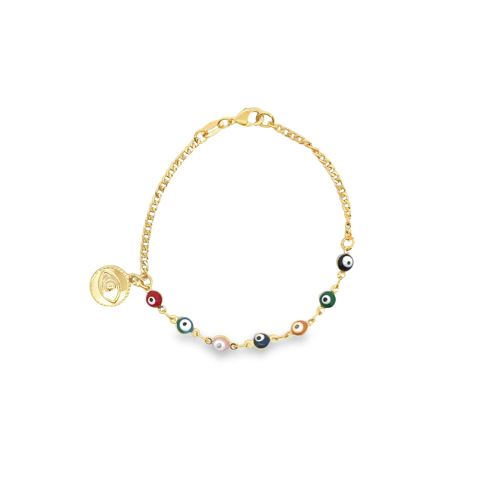 A delicate gold chain bracelet features colorful evil eye beads and a dangling eye charm against a white background.