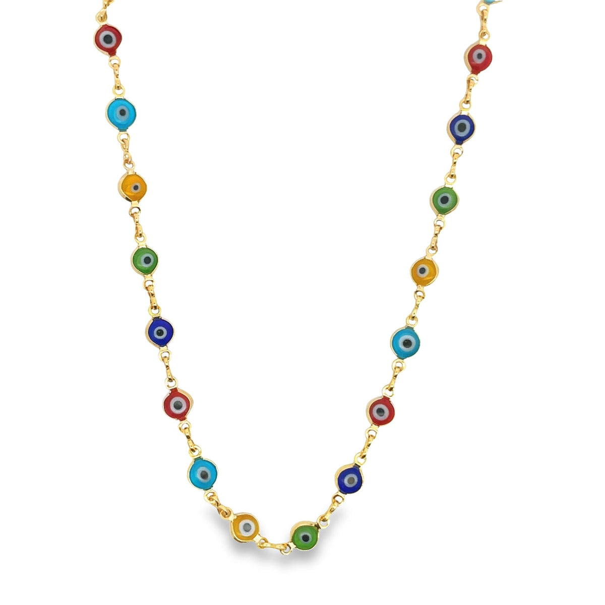 A gold chain necklace displays alternating colorful evil eye beads in shades of red, blue, green, yellow, and white.
