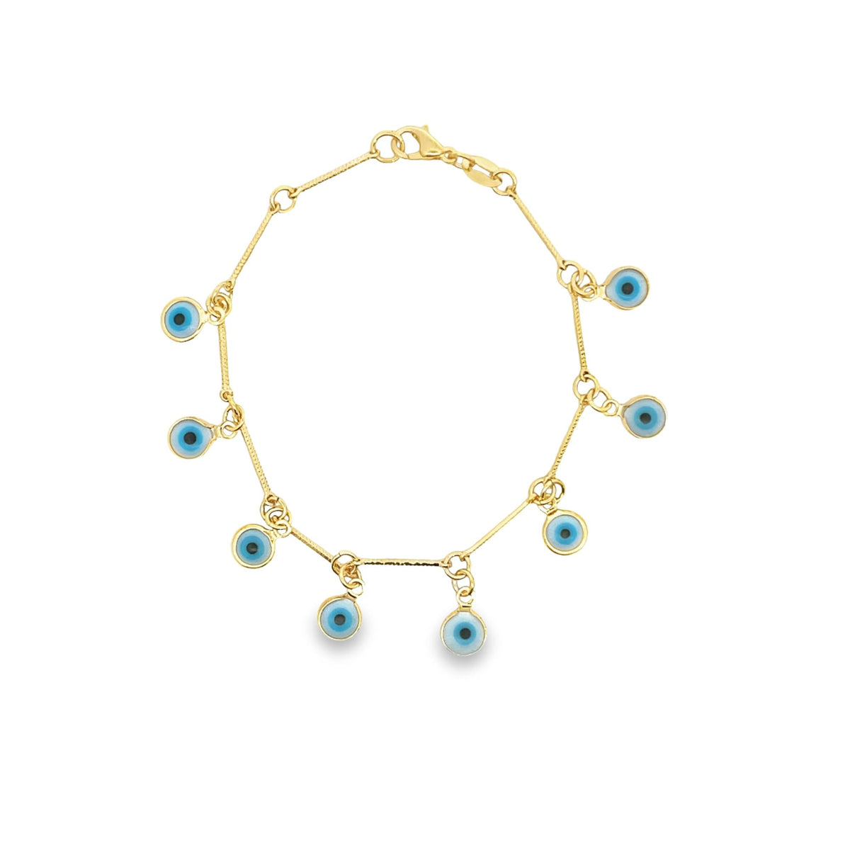 A delicate gold link bracelet features multiple hanging blue evil eye charms.