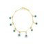 A delicate gold link bracelet features multiple hanging blue evil eye charms.