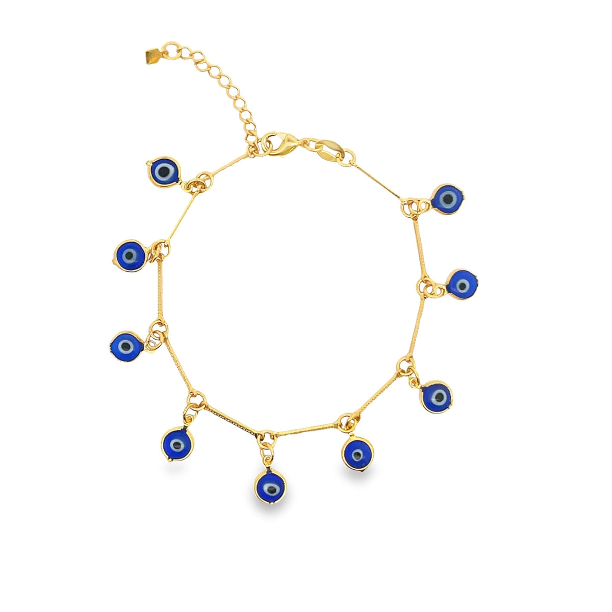 A delicate gold-plated charm bracelet displays multiple blue and white evil eye glass beads dangling from a delicate chain.