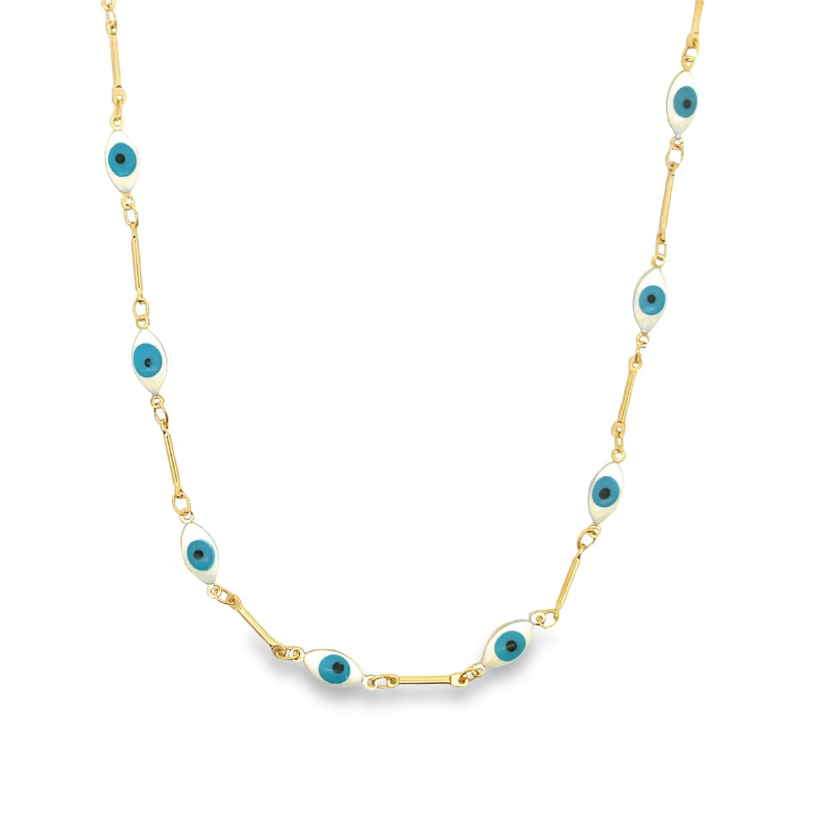 A gold chain necklace displays alternating enameled blue and white evil eye charms against a clean white background.