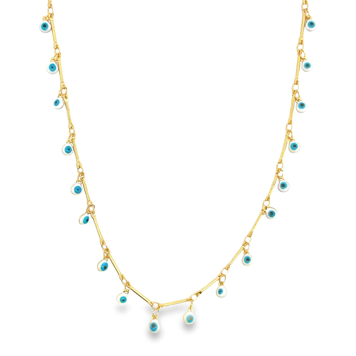 A delicate gold evil eye necklace features dangling blue and white enamel charms against a white background.