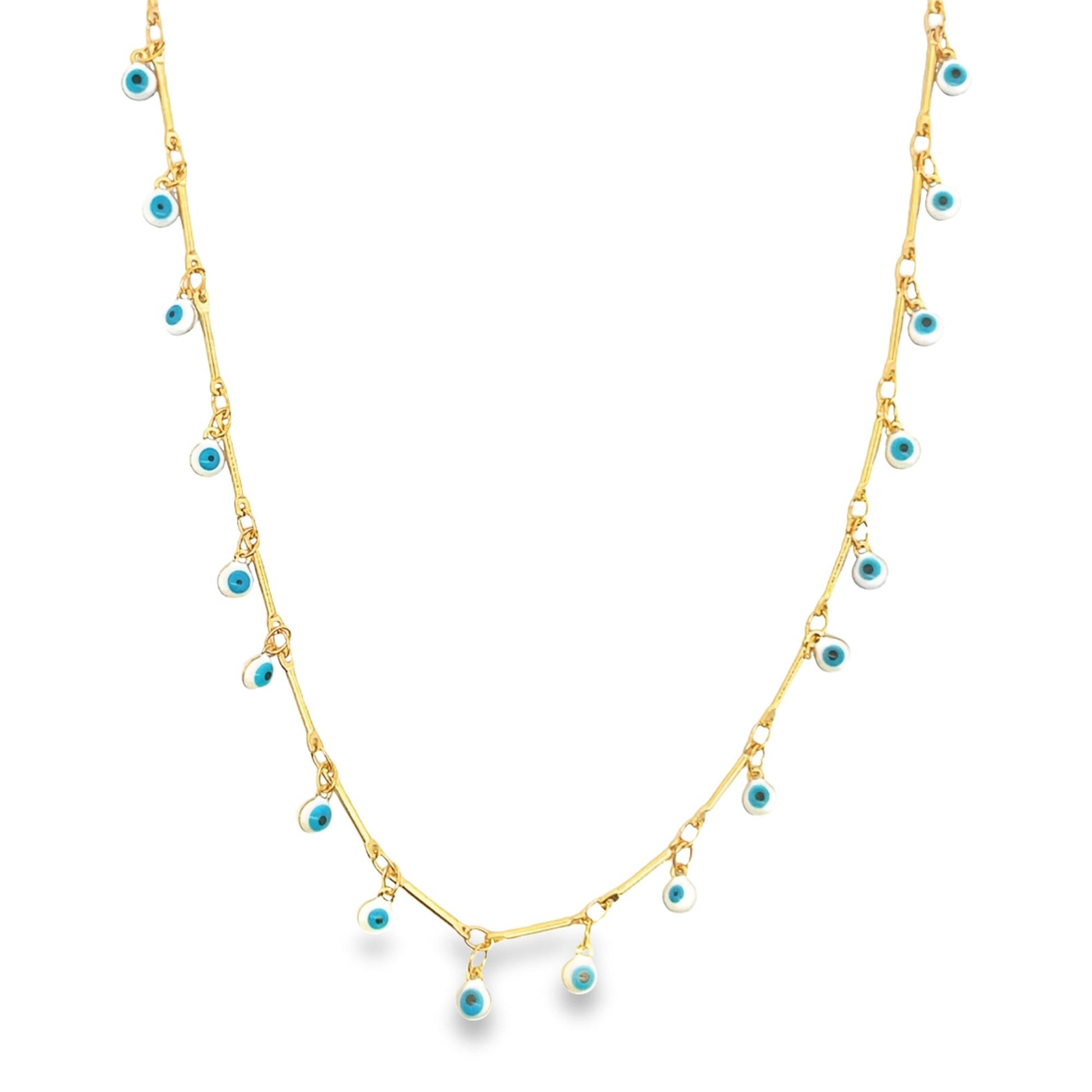 A delicate gold evil eye necklace features dangling blue and white enamel charms against a white background.