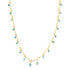 A delicate gold evil eye necklace features dangling blue and white enamel charms against a white background.