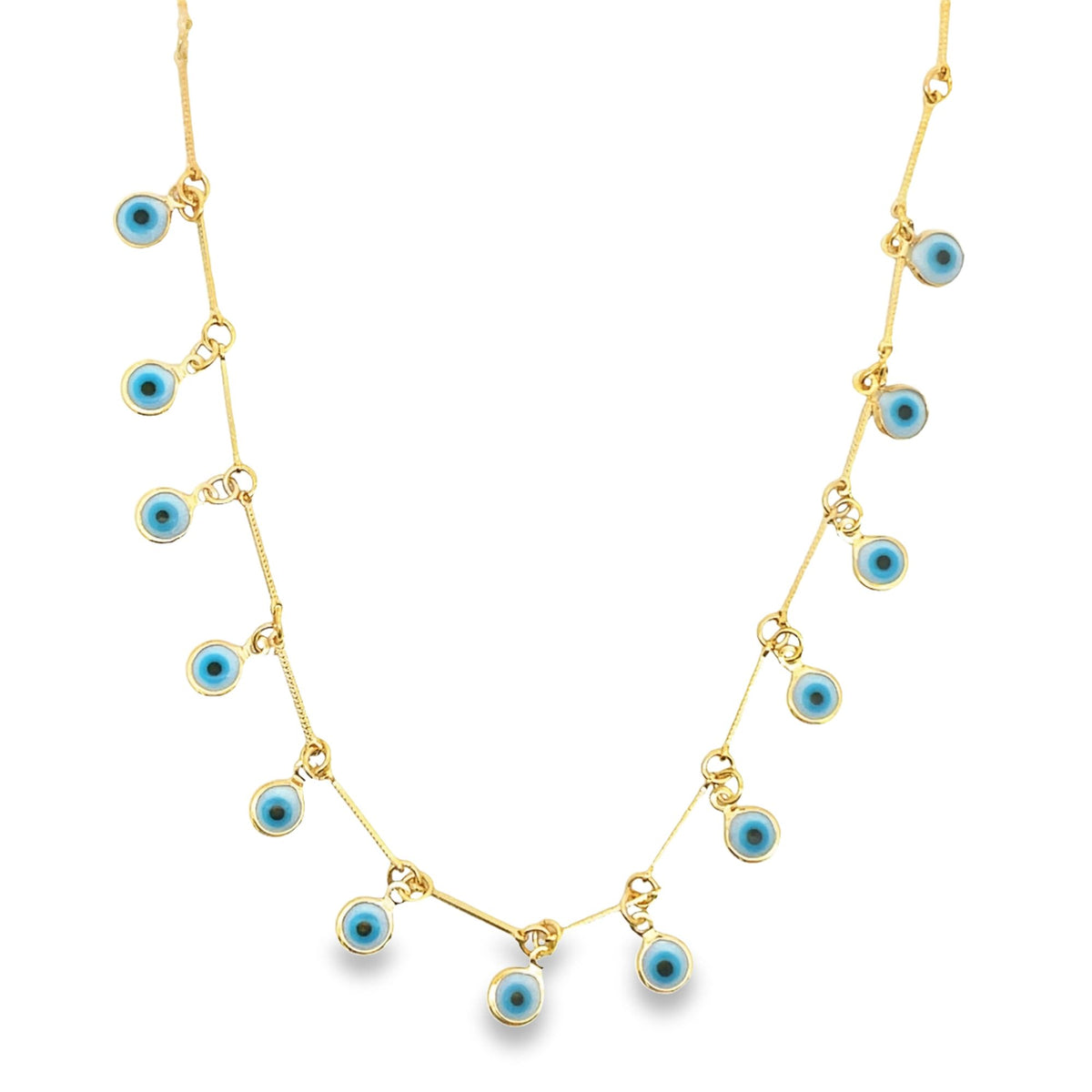 A delicate gold necklace features multiple hanging blue evil eye charms.