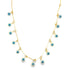 A delicate gold necklace features multiple hanging blue evil eye charms.