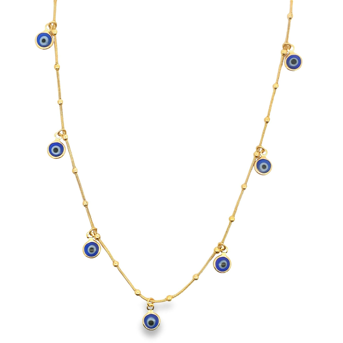 A delicate gold chain necklace drapes downwards, adorned with multiple hanging blue and white evil eye charms.