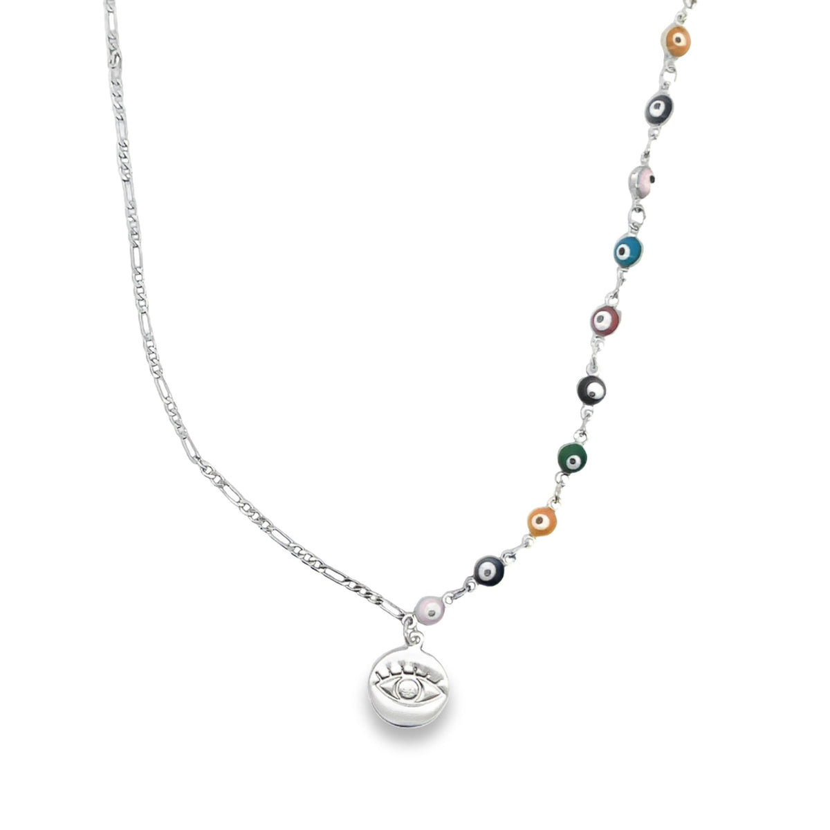 A delicate silver chain necklace features a round evil eye pendant and a string of colorful evil eye beads along one side.