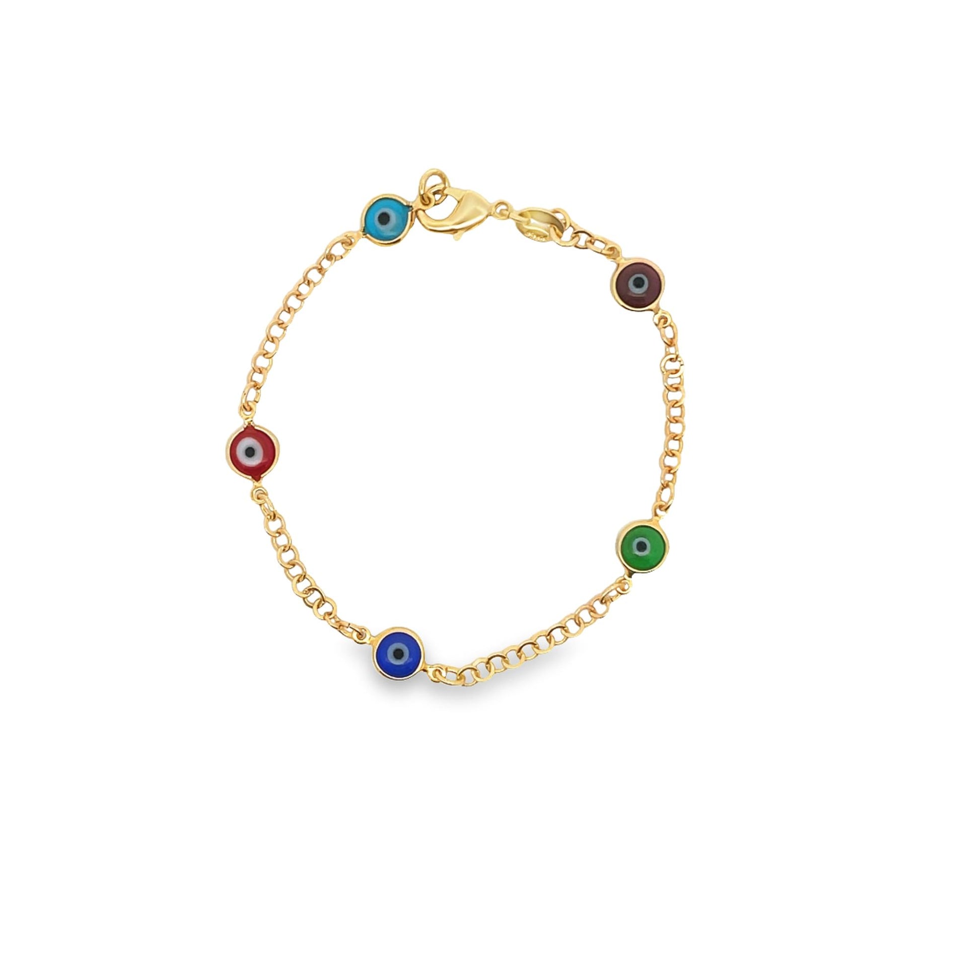 A gold chain bracelet features colorful evil eye charms in blue, red, green, and brown.