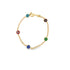 A gold chain bracelet features colorful evil eye charms in blue, red, green, and brown.