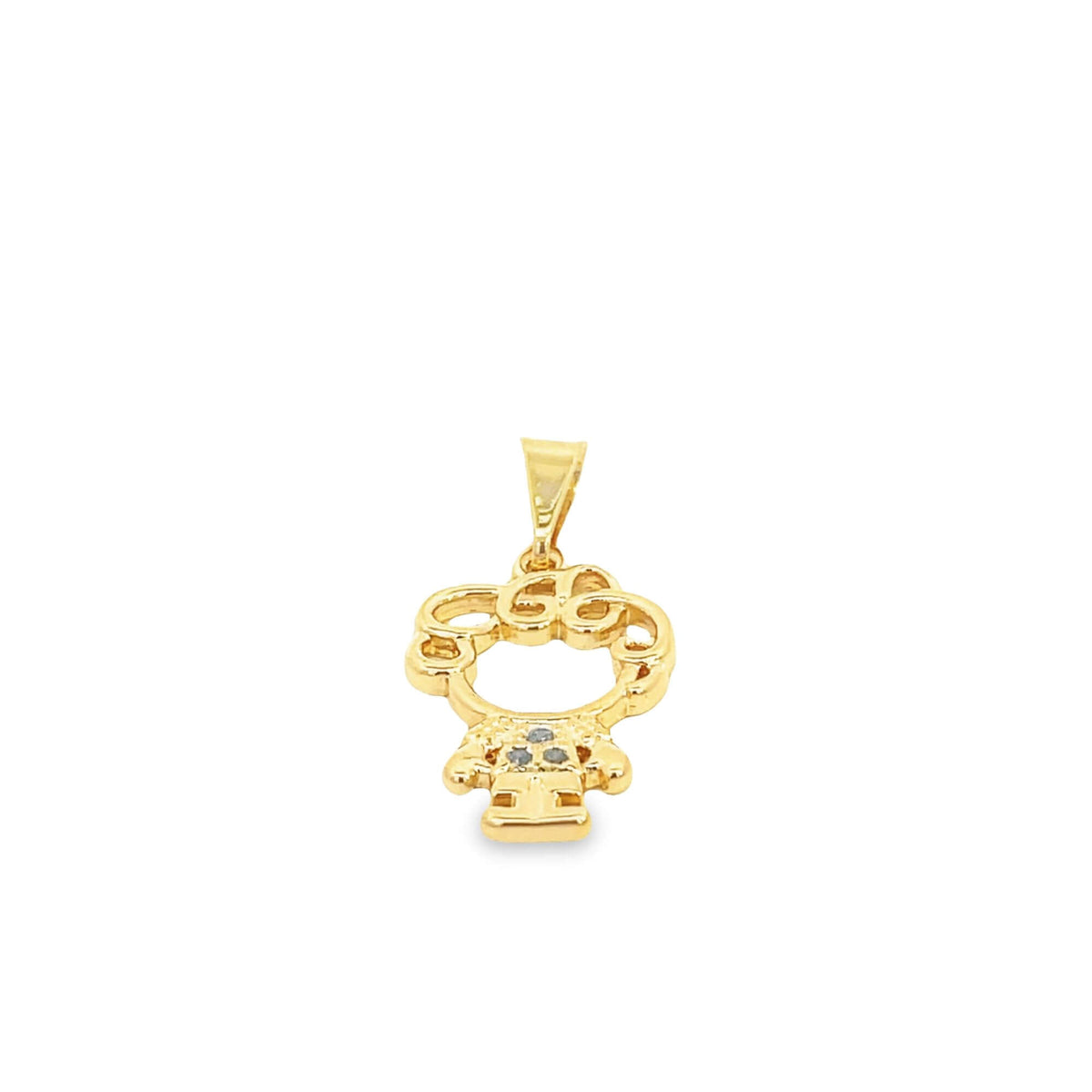 A polished gold pendant shaped like a little girl features sparkling gemstone accents on her dress against a plain white background.