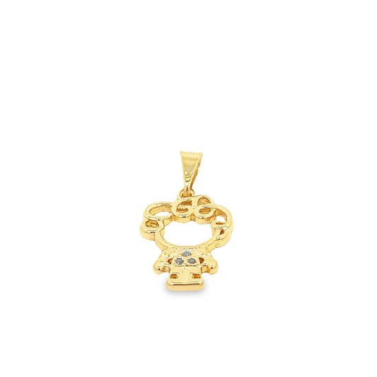 A polished gold pendant shaped like a little girl features sparkling gemstone accents on her dress against a plain white background.