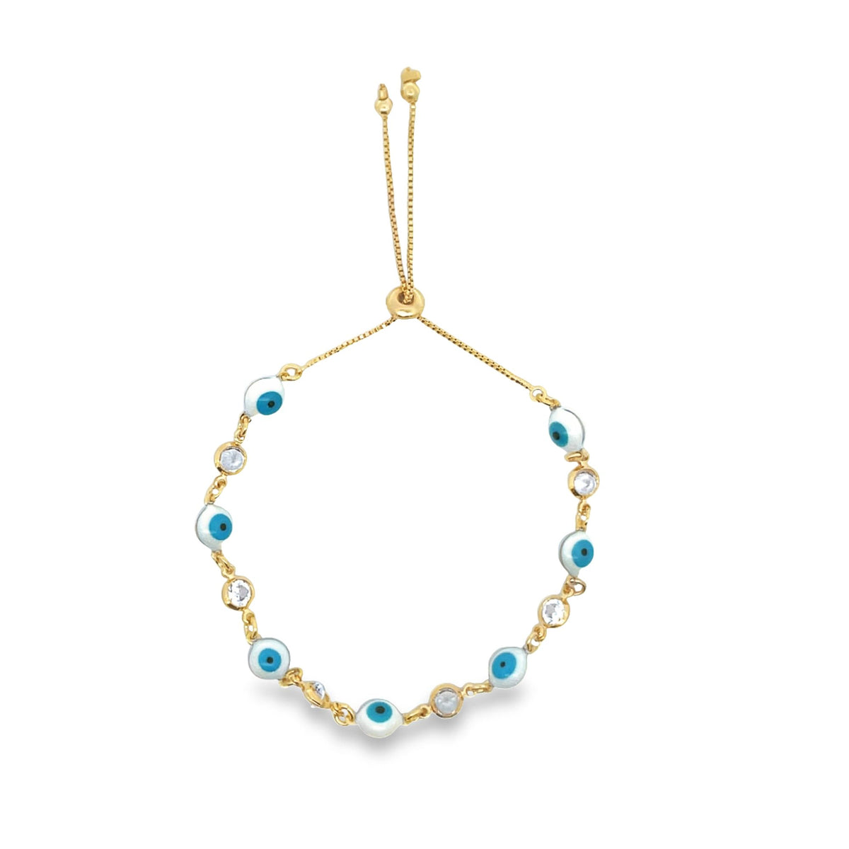 A delicate gold evil eye bracelet features alternating blue and white enamel beads and sparkling cubic zirconia stones on an adjustable chain.