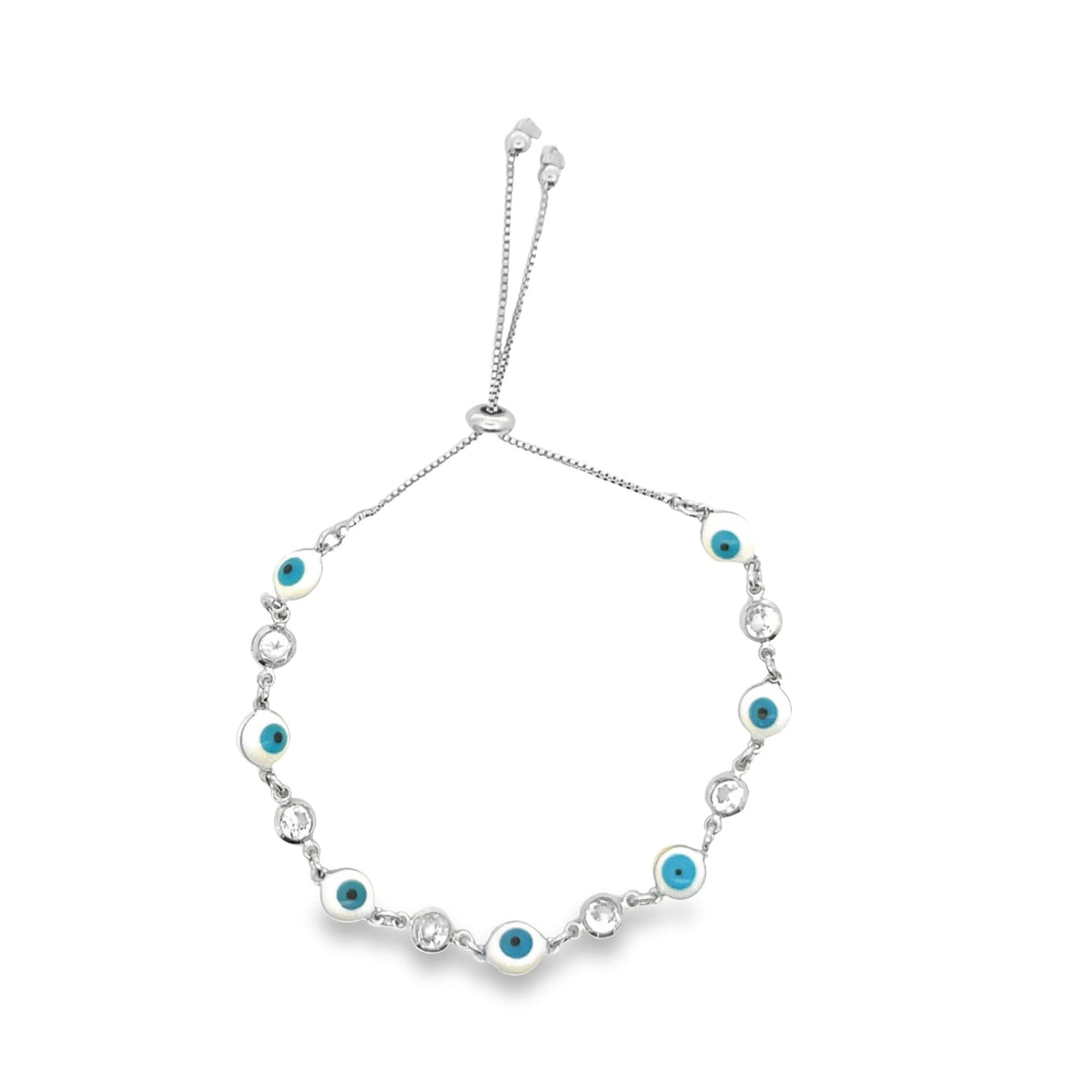 A delicate silver bolo bracelet features alternating blue evil eye charms and sparkling clear cubic zirconia stones against a clean white background.
