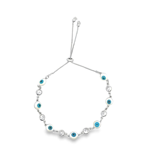 A silver adjustable bolo bracelet features alternating evil eye charms and sparkling clear stones.