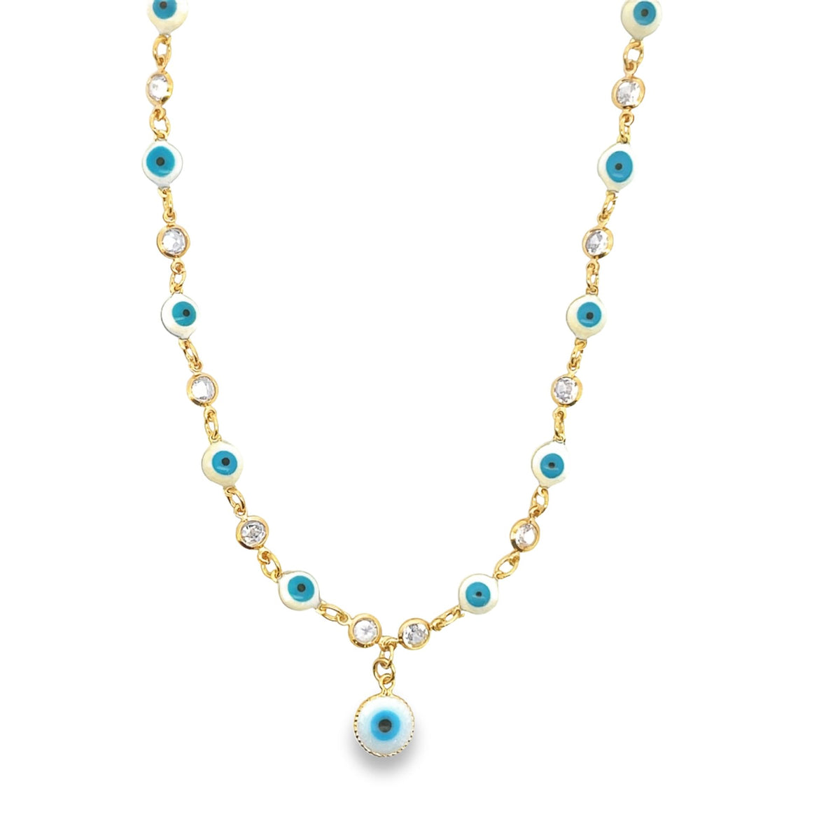 A gold evil eye necklace features alternating enamel evil eye charms and sparkling clear crystals with a dangling evil eye pendant.