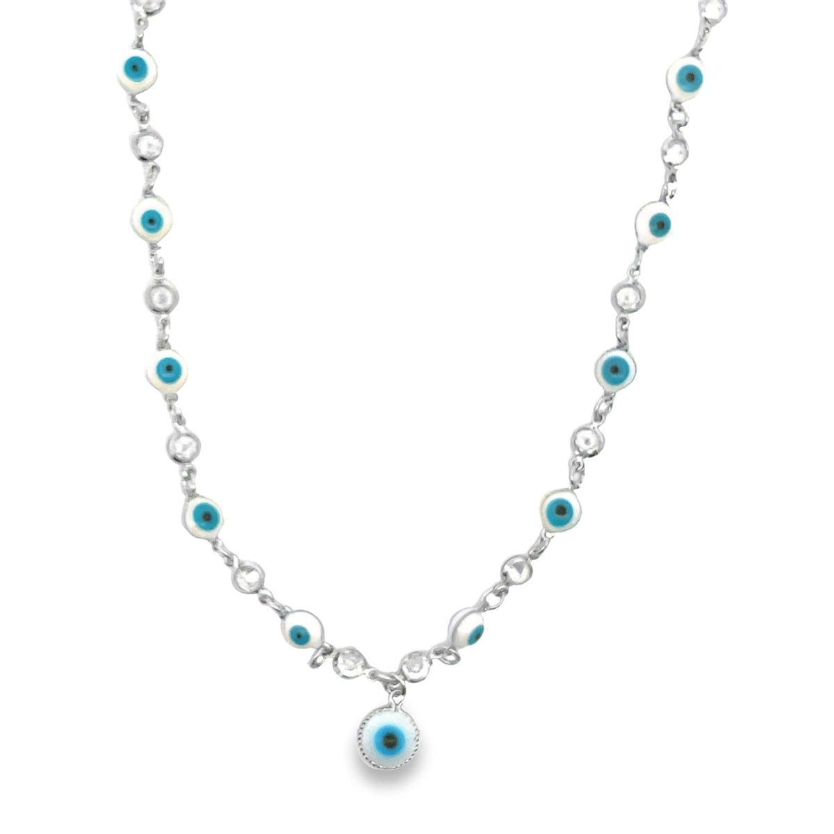 A delicate silver evil eye necklace features alternating blue-and-white glass beads and sparkling crystals along the chain, leading to a dangling evil eye pendant.