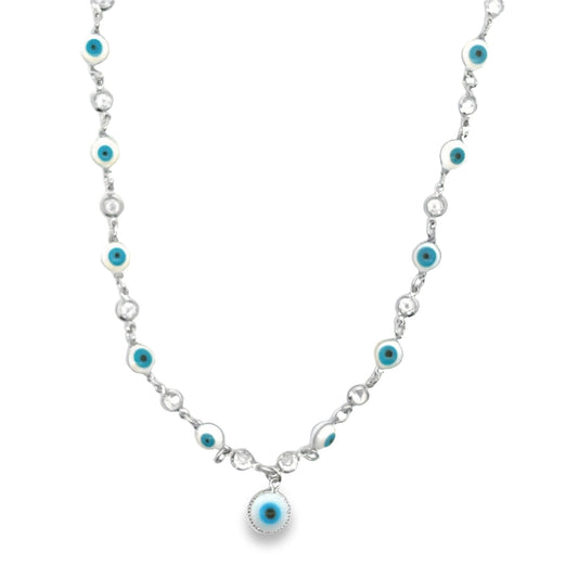 A silver evil eye necklace features delicate blue and white glass charms interspersed with sparkling cubic zirconia crystals along the chain.
