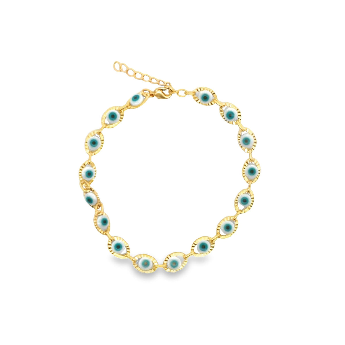A gold-plated evil eye bracelet features multiple blue and white glass evil eye charms linked together in a circle.