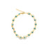 A gold-plated evil eye bracelet features multiple blue and white glass evil eye charms linked together in a circle.