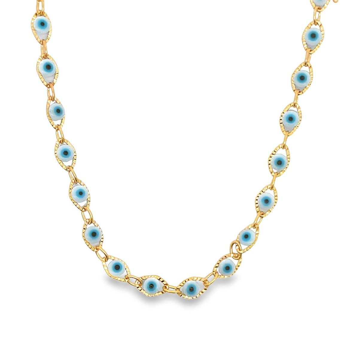 A gold evil eye necklace features delicate blue and white glass charms linked along a shimmering chain.