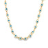 A gold evil eye necklace features delicate blue and white glass charms linked along a shimmering chain.