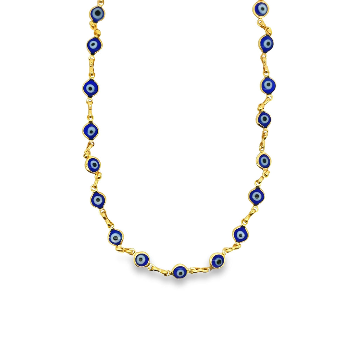 A gold-tone evil eye necklace features alternating blue glass evil eye beads linked on a delicate chain against a white background.
