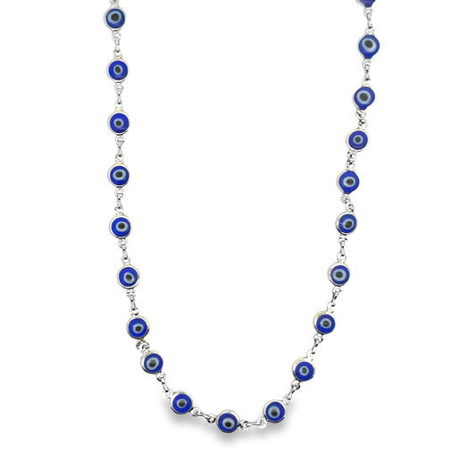 A delicate silver chain features repeating blue and white glass evil eye charms against a clean white background.