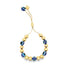 A gold adjustable evil eye bracelet features alternating polished gold beads and blue glass nazar amulets.