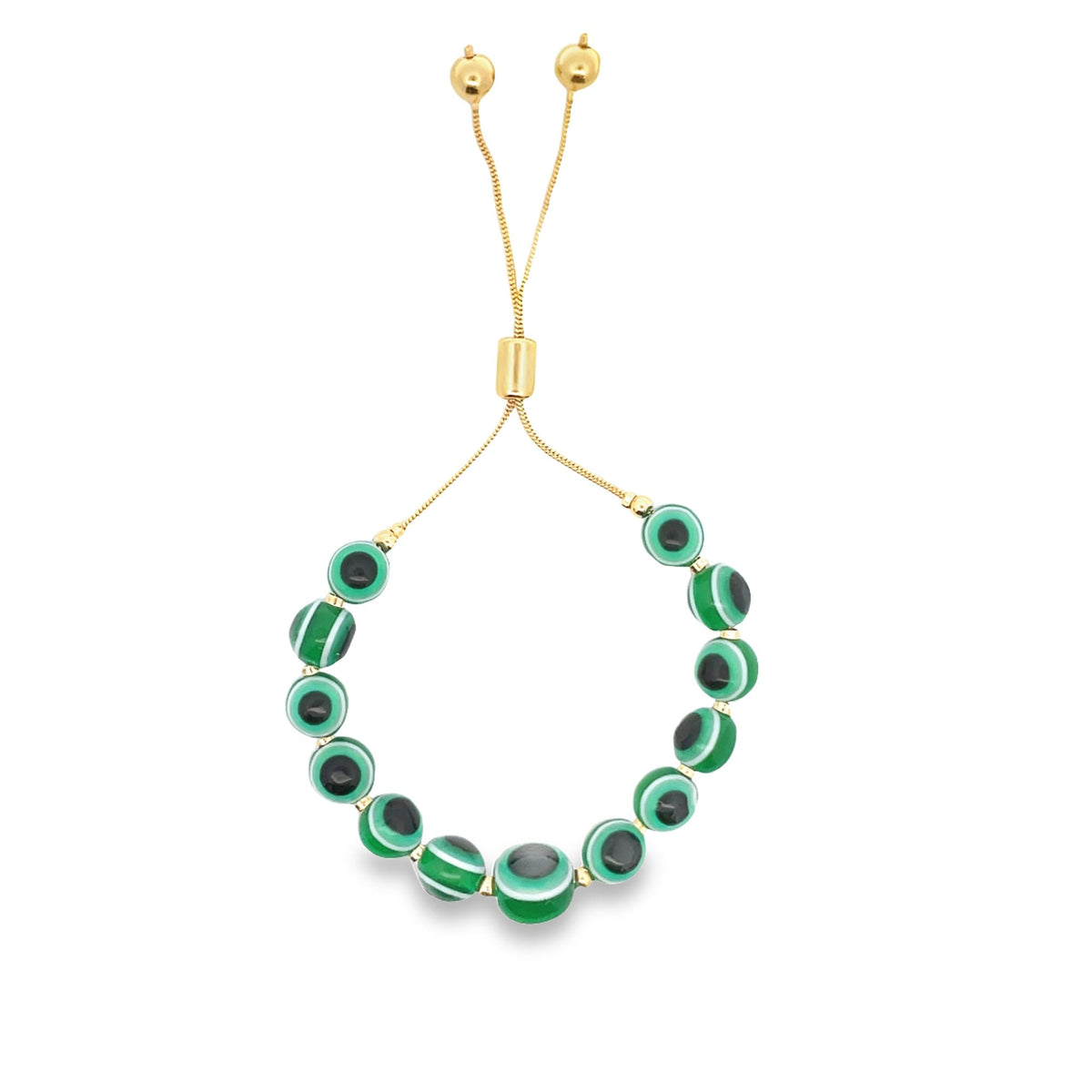 An adjustable gold bracelet features a strand of green and white evil eye beads against a clean white background.