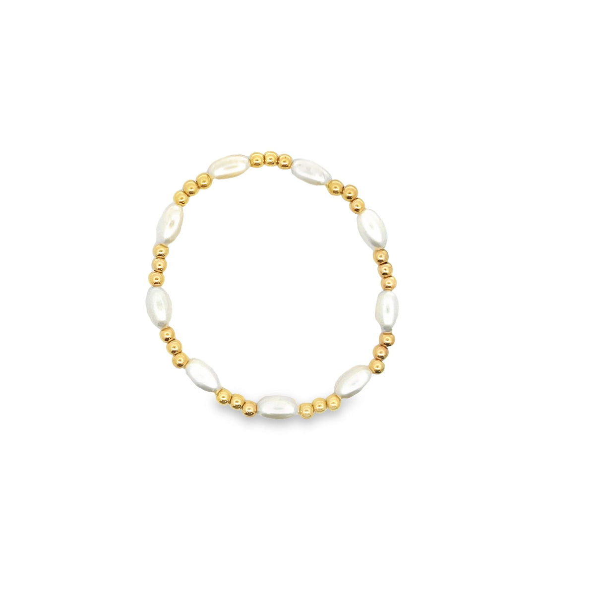 A delicate beaded stretch ring combines gleaming gold spheres with white freshwater pearls in a continuous circle against a clean white background.