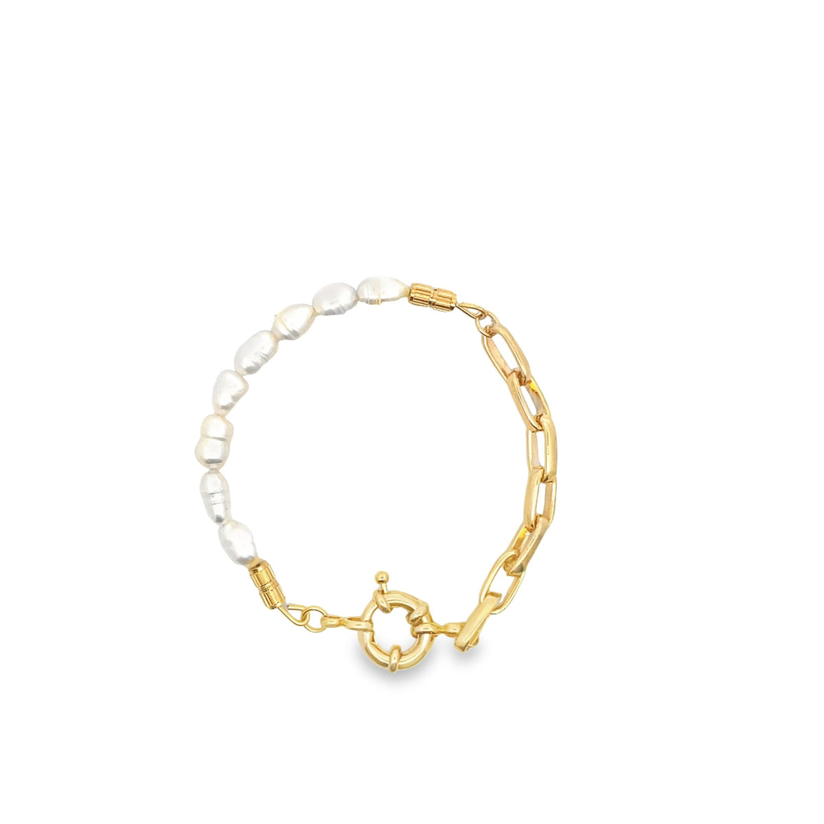 A gold and pearl charm bracelet features half baroque freshwater pearls and half chunky chain links against a clean white background.