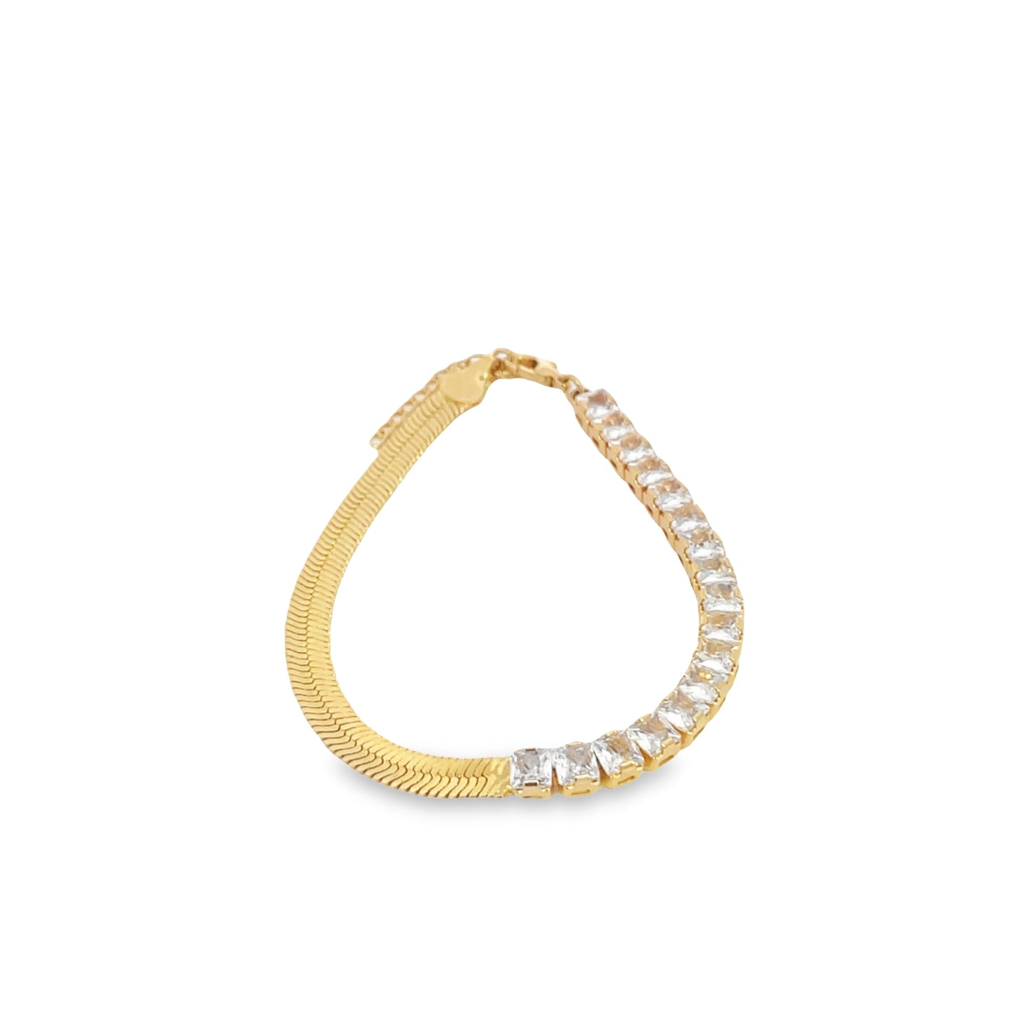 Gold Half CZ Stone Half Snake Chain Necklace (H196)(I550)