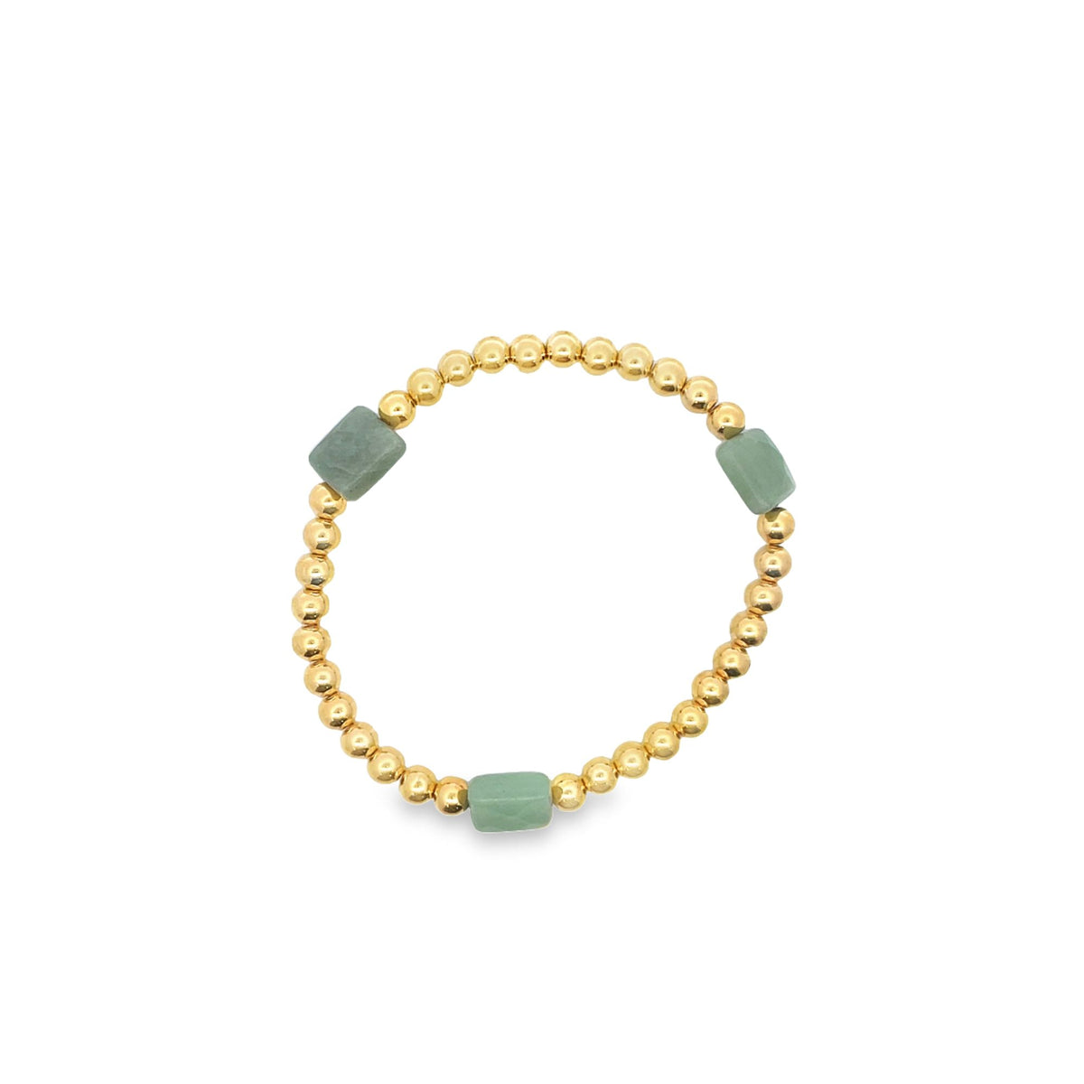 A beaded gold bracelet features alternating round metal spheres and smooth green gemstone spacers against a plain white background.