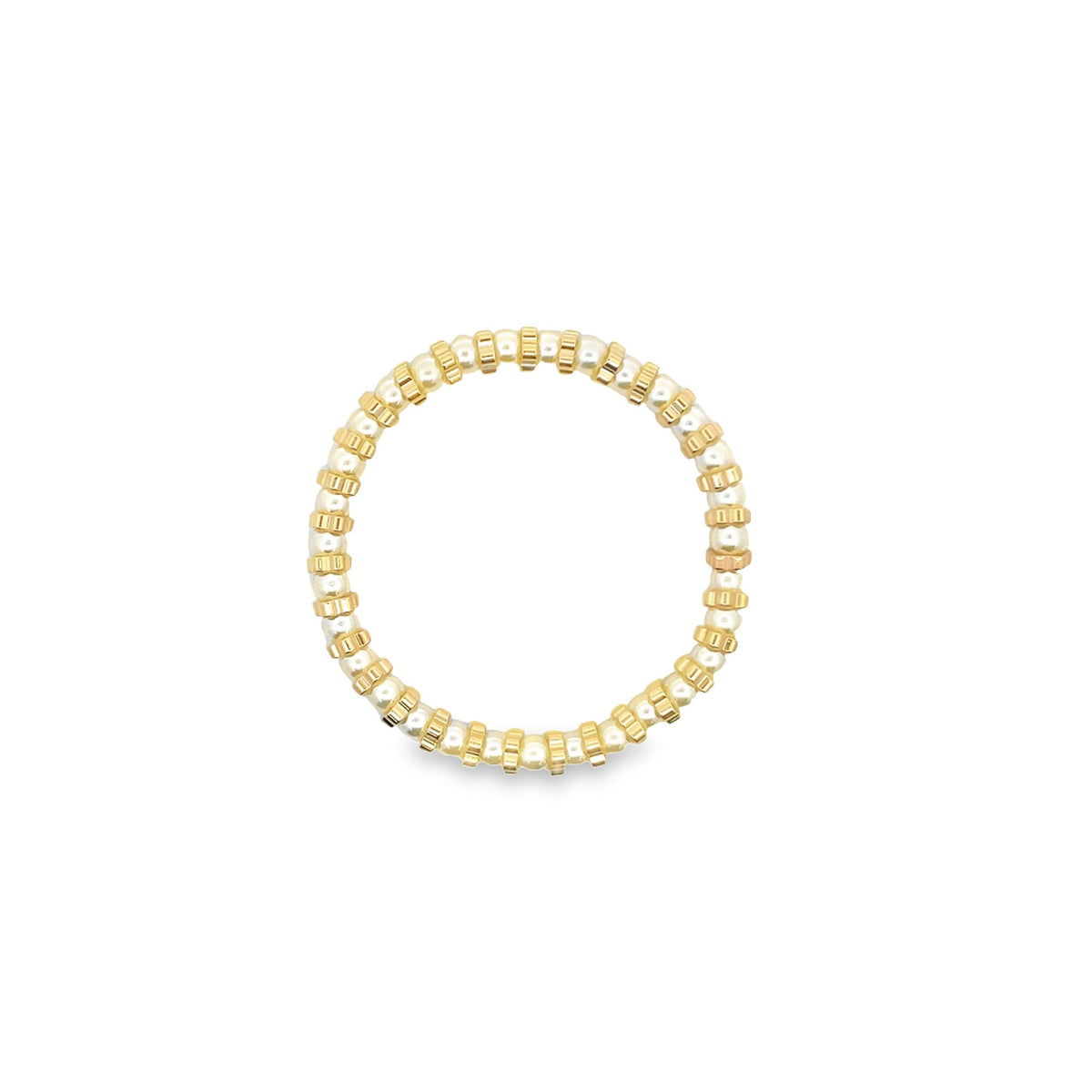 A delicate stretch ring features alternating white pearls and ribbed gold beads on a pure white background.