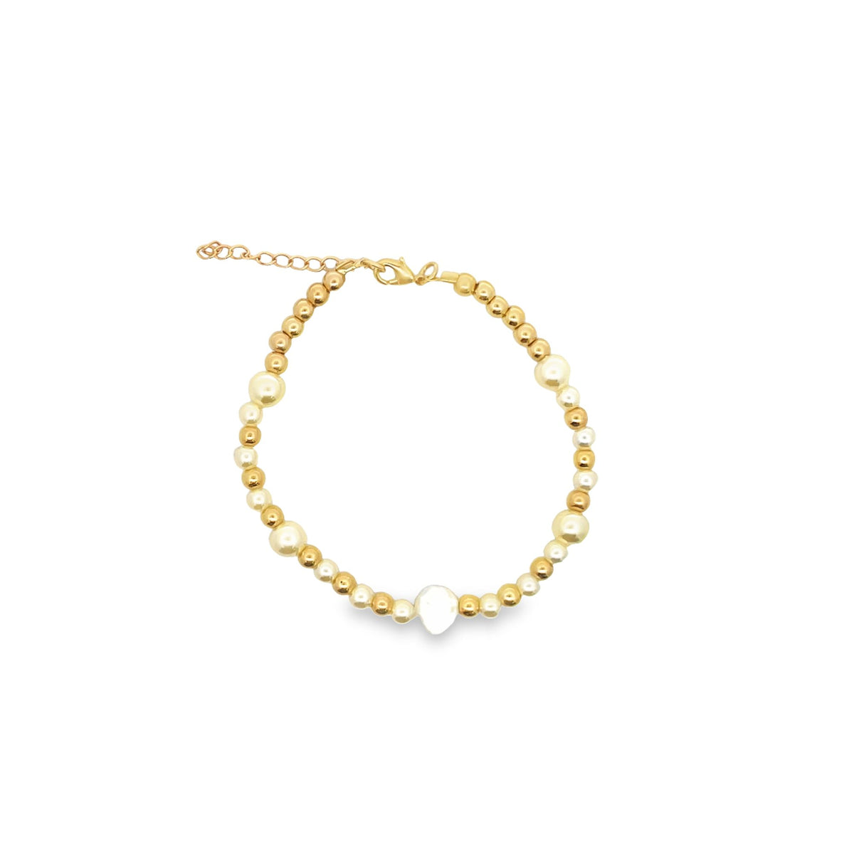 A delicate gold beaded bracelet features alternating metallic gold spheres and cream-colored pearls with a central teardrop pendant on a white background.
