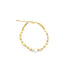 A delicate gold beaded bracelet features alternating metallic gold spheres and cream-colored pearls with a central teardrop pendant on a white background.