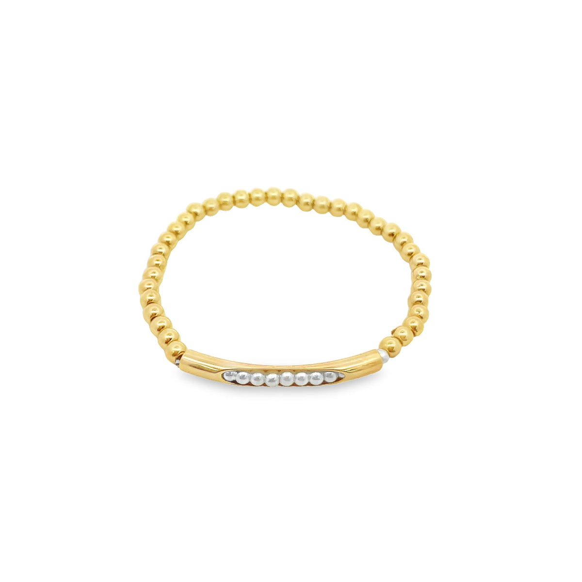 A delicate gold beaded ring features a central horizontal bar embedded with sparkling white diamonds against a clean white background.