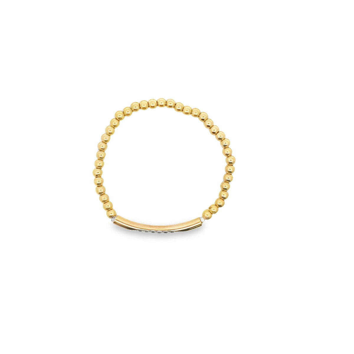 A gold beaded stretch ring features a smooth, curved horizontal bar accented with tiny sparkling diamonds against a clean white background.