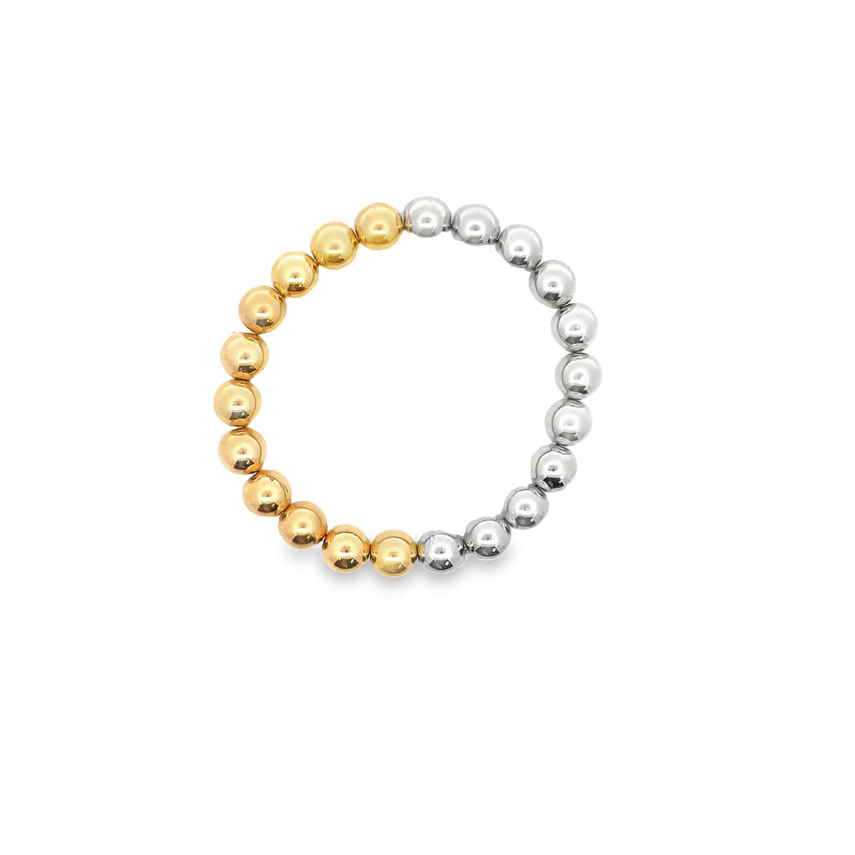 A two-tone beaded ring features alternating sections of shiny gold and silver spheres against a plain white background.