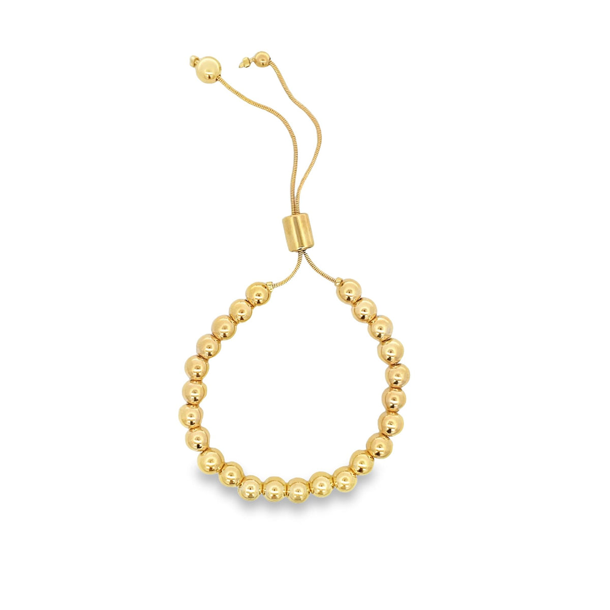 A shiny gold beaded slider bracelet features a delicate adjustable chain against a clean white background.