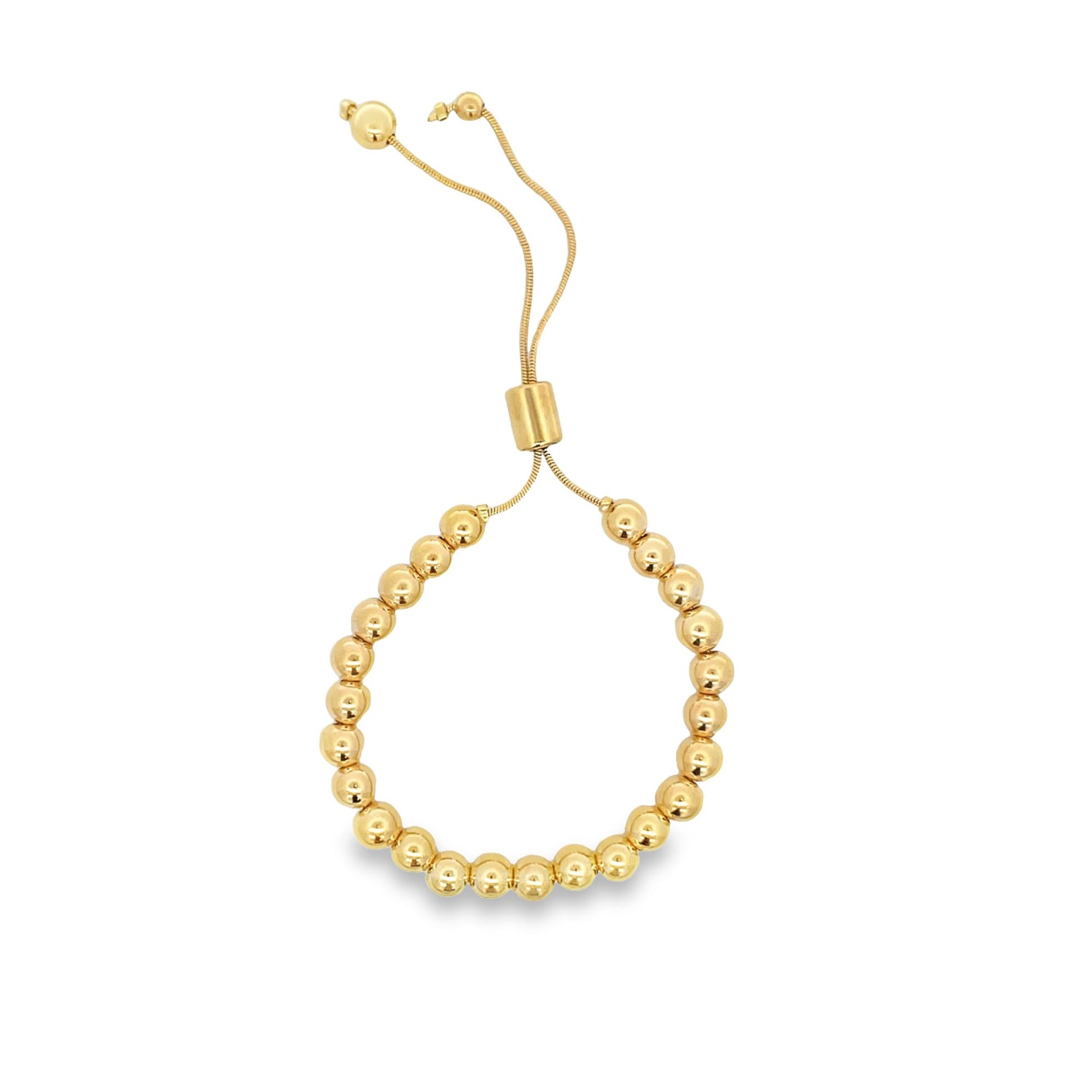 A shiny gold beaded slider bracelet features a delicate adjustable chain against a clean white background.
