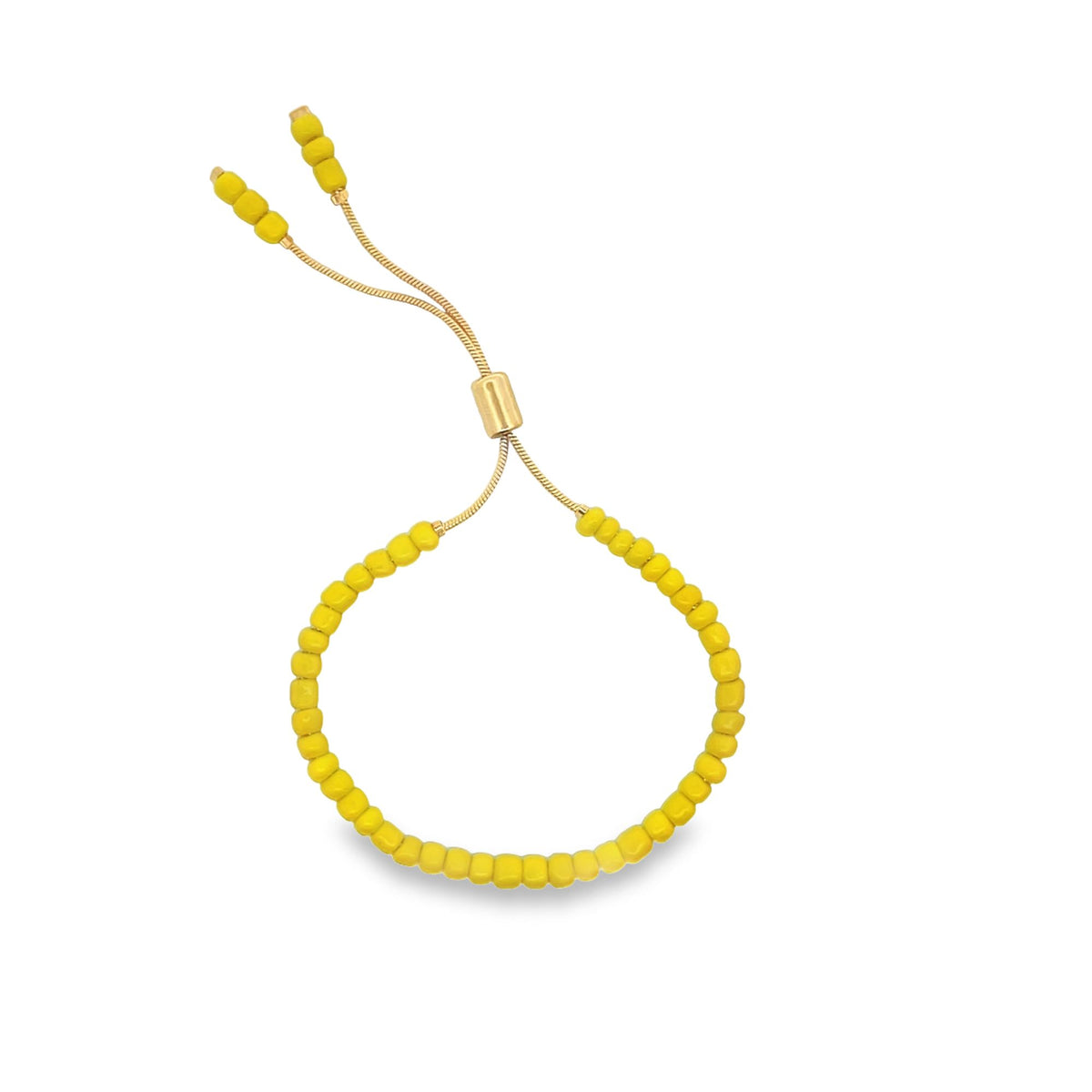A vibrant yellow beaded bolo bracelet features delicate gold chains and an adjustable slider mechanism against a clean white background.
