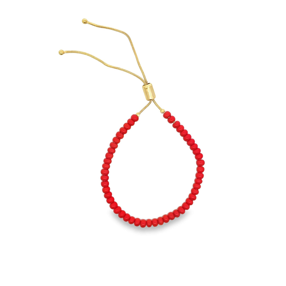 A vibrant red beaded slider bracelet features a delicate gold chain and an adjustable gold bead clasp.