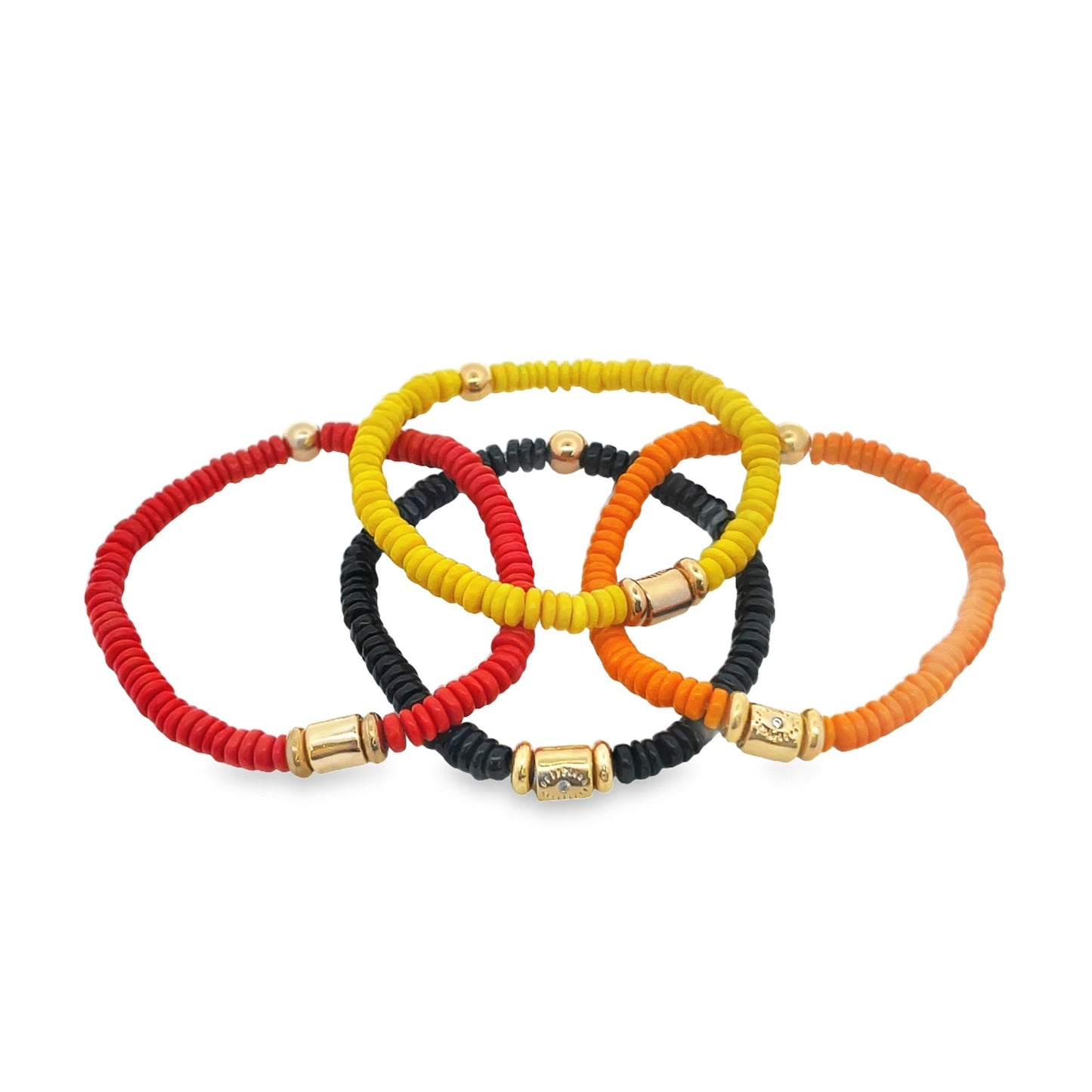 A collection of colorful beaded stackable bracelets featuring red, yellow, orange, and black disk beads accented with gold metal charms.