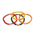 A collection of colorful beaded stackable bracelets featuring red, yellow, orange, and black disk beads accented with gold metal charms.